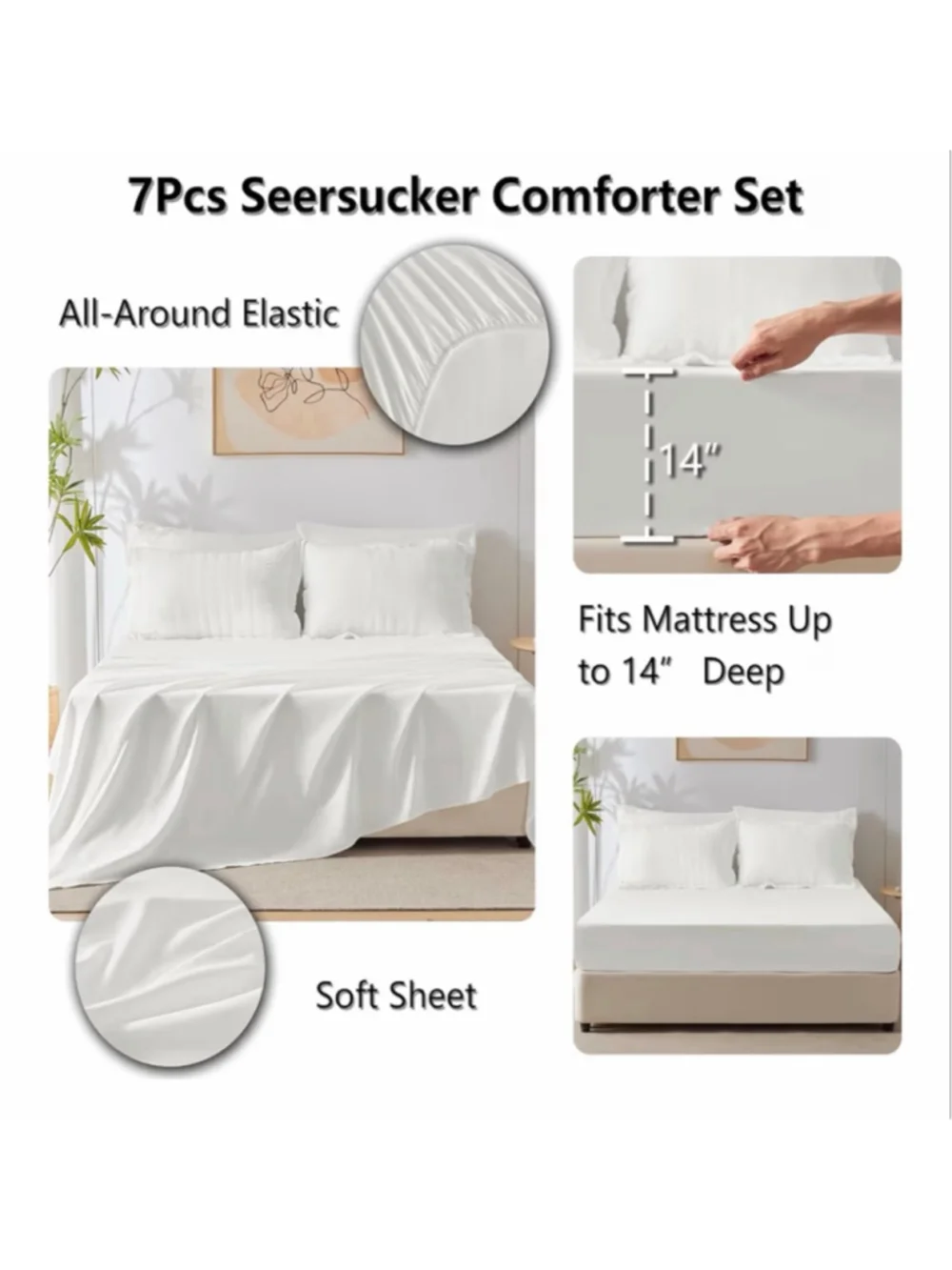 NEW Full Size Comforter Set Sheets Sham Pillowcases 7 Pcs White Seersucker